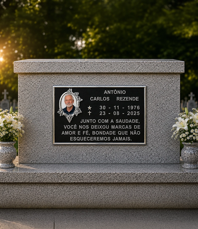 Placa em alumínio com foto porcelana instalada em um túmulo